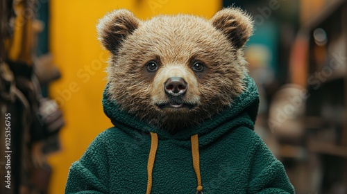 A creative illustration of a grizzly bear wearing a cozy green hoodie, looking directly at the camera with a warm background, creating an engaging atmosphere. photo