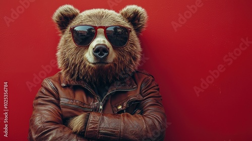 A bear wearing sunglasses and a leather jacket poses against a vibrant red background, embodying a humorous and creative vibe.