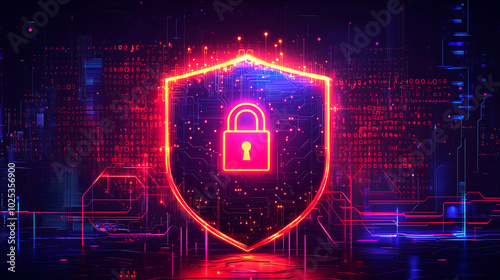 Cybersecurity shield with neon lock and futuristic digital protection network