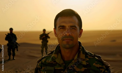 Italian Man in Desert with Armed Soldiers at Sunset