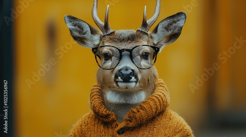 A deer wearing glasses and a cozy sweater poses against a yellow background, presenting a whimsical and charming look.