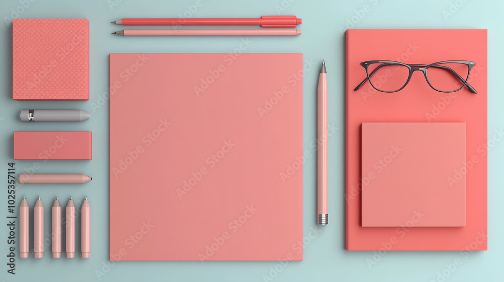 Stylish stationery set featuring pens, pads, and glasses arranged neatly on a pastel background, perfect for creative and design projects. Stylish stationery set featuring pens, pads, and glasses arranged neatly on a pastel background, perfect for creative and design projects.