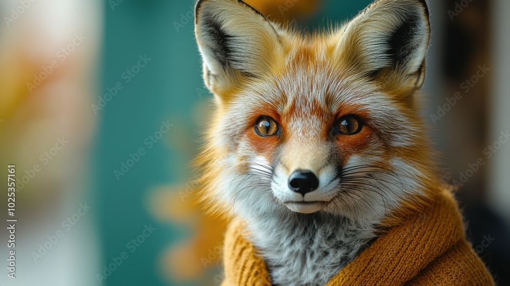 A charming fox with bright eyes is wearing a cozy sweater, set against a colorful background. This imaginative depiction showcases a soft, friendly expression. A charming fox with bright eyes is wearing a cozy sweater, set against a colorful background. This imaginative depiction showcases a soft, friendly expression.