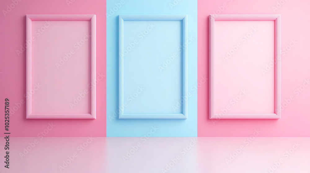 Three empty picture frames on pastel pink and blue walls, perfect for showcasing artwork or photographs.