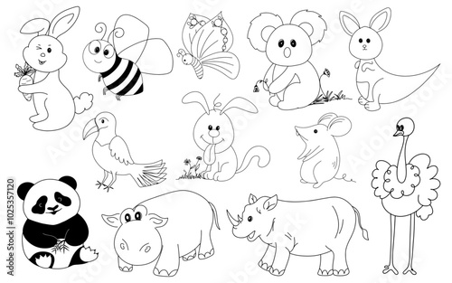 Hand drawn line art cartoon doodle animal wildlife collection of Rabbit, Bee, Bird, Butterfly, Panda, Hippo, Dog, Rhinoceros, Ostrich, Mouse, Kangaroo