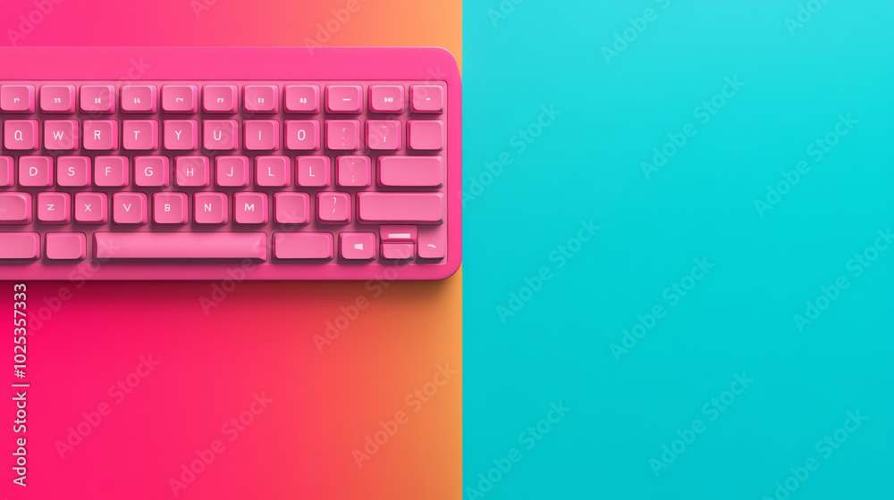 Vibrant pink keyboard on a colorful gradient background of teal and orange, perfect for modern tech and creative workspace themes.