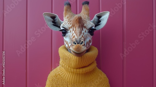 A whimsical image of a giraffe wearing a yellow sweater, set against a pink background, creating a playful and artistic atmosphere.