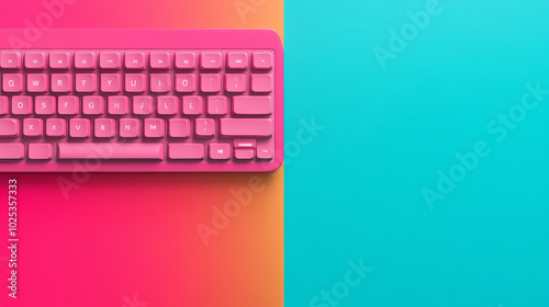 Obraz na płótnie Vibrant pink keyboard on a colorful gradient background of teal and orange, perfect for modern tech and creative workspace themes. w salonie