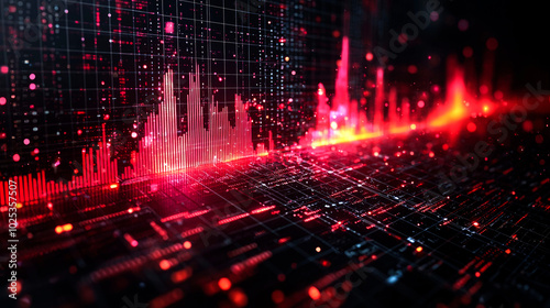 Abstract digital background with red glowing lines and data visualizations.