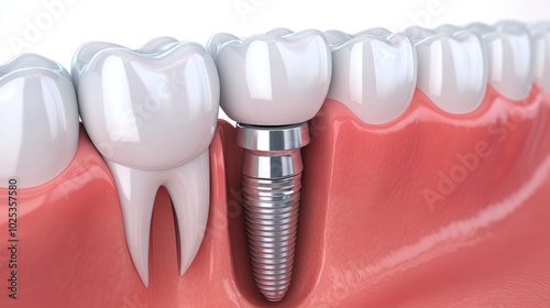 A tooth with a silver implant in it.