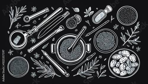 Culinary herbs and spices hand drawn on chalkboard background.