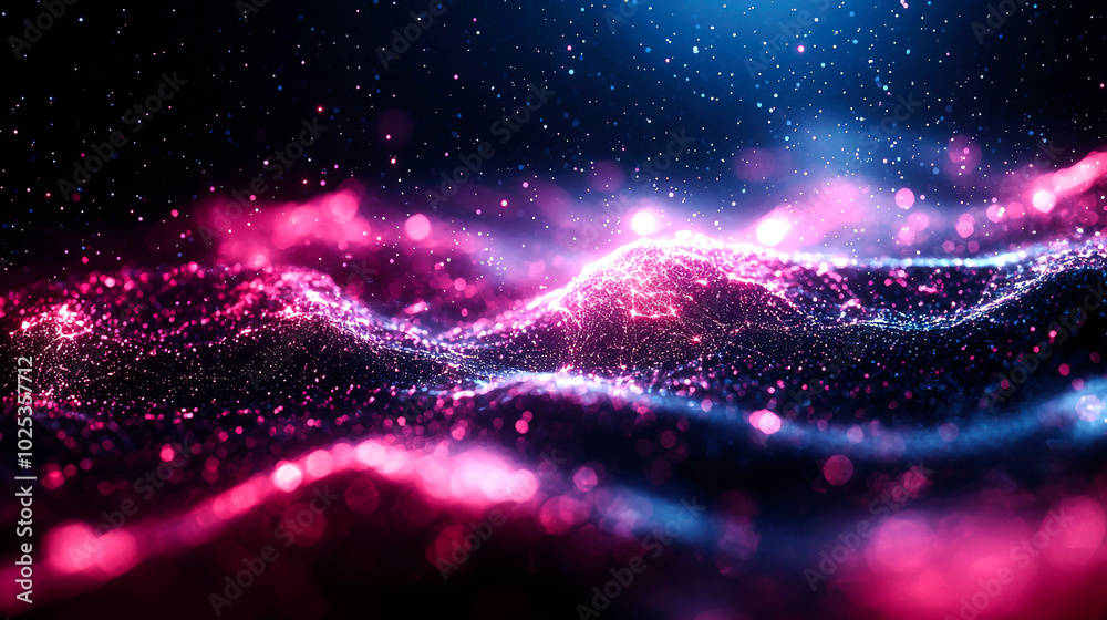 Fototapeta premium Abstract digital landscape with glowing pink and blue particles in a dark background.