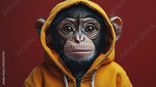 A close-up of a monkey with expressive eyes, wearing an orange hoodie. The background is a striking red, adding contrast to the image.