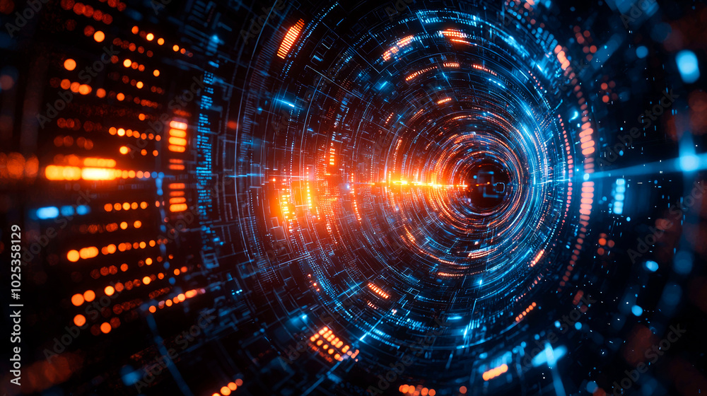Abstract digital tunnel with glowing lights and particles. Abstract digital tunnel with glowing lights and particles.
