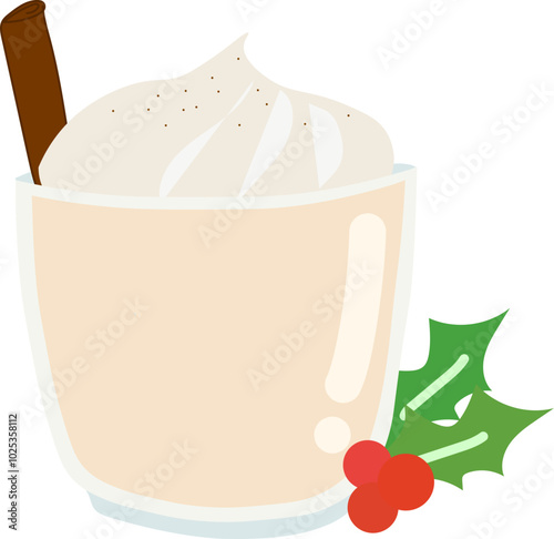 Traditional Christmas beverage eggnog in glass glass with cinnamon stick