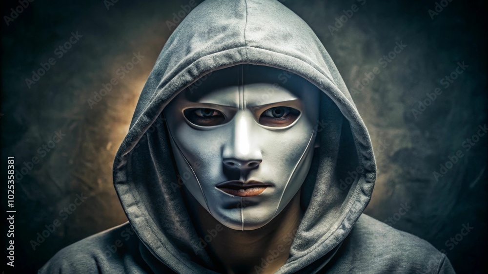 A person wearing a white mask and a gray hoodie stares intently at the camera, creating a mysterious and slightly unsettling mood. A person wearing a white mask and a gray hoodie stares intently at the camera, creating a mysterious and slightly unsettling mood.