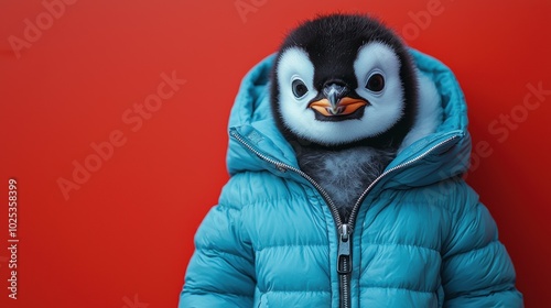 This adorable image features a penguin chick dressed in a blue winter jacket against a bright red background, exuding charm and personality. photo