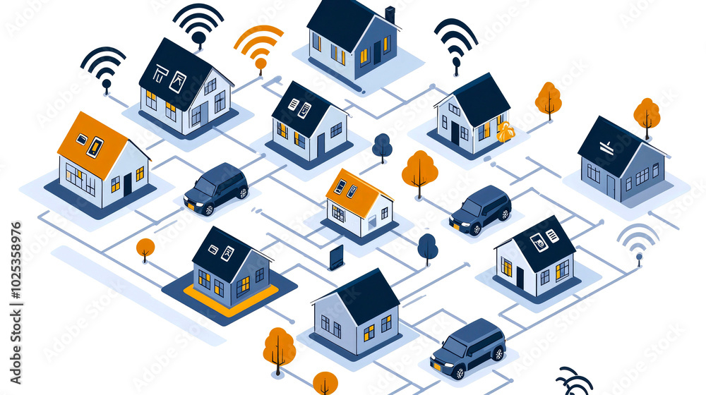 Obraz premium An isometric illustration of a neighborhood with houses connected by lines representing wifi networks.