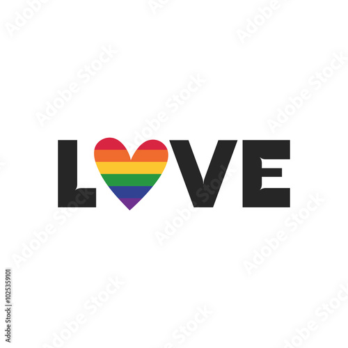 Greeting card for LGBTQIA on white background. Love text with heart in LGBT rainbow flag colors for social media post, poster, banner, print. Vector format