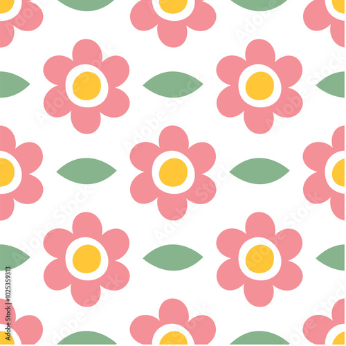 Seamless pattern with cute pink flowers and leaves in pastel colors on white background. Naive hand drawn minimalist background for Easter cards, textiles, wallpapers