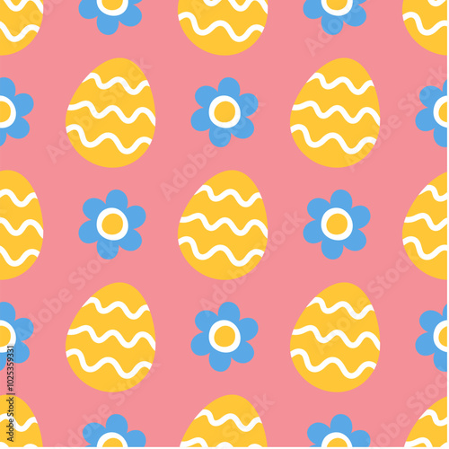 Easter seamless pattern with yellow eggs and blue flowers on pink background. Cute minimalist background for Easter cards, textiles, wallpapers, kids clothes, prints