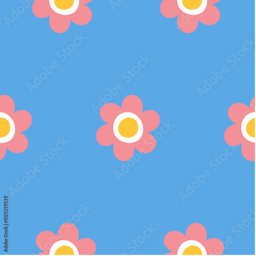 Seamless pattern with cute daisies on light blue white background. Minimalist background for greeting cards, textiles, prints, wallpapers, kids clothes in simple naive style