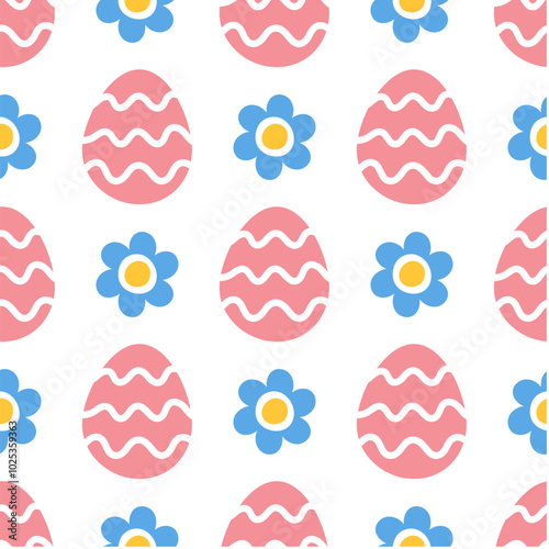 Seamless pattern with pink Easter eggs and blue flowers on white background. Cute hand drawn minimalist background for Easter cards, textiles, wallpapers