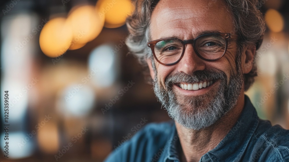Bearded Man Smiling at Camera in Restaurant Bearded Man Smiling at Camera in Restaurant