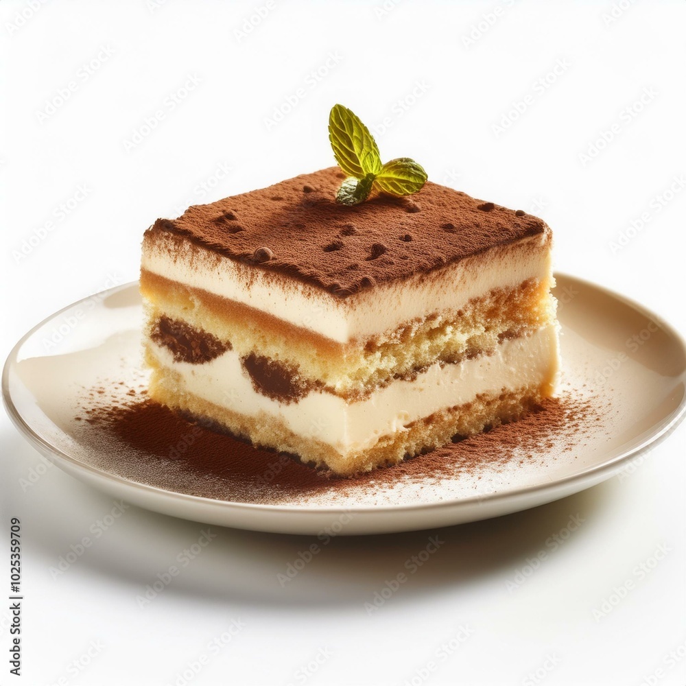 A luscious slice of tiramisu cake, rich with layers of mascarpone and espresso-soaked sponge, elegantly presented on a pristine white background with ample copy space, in high resolution. A luscious slice of tiramisu cake, rich with layers of mascarpone and espresso-soaked sponge, elegantly presented on a pristine white background with ample copy space, in high resolution.