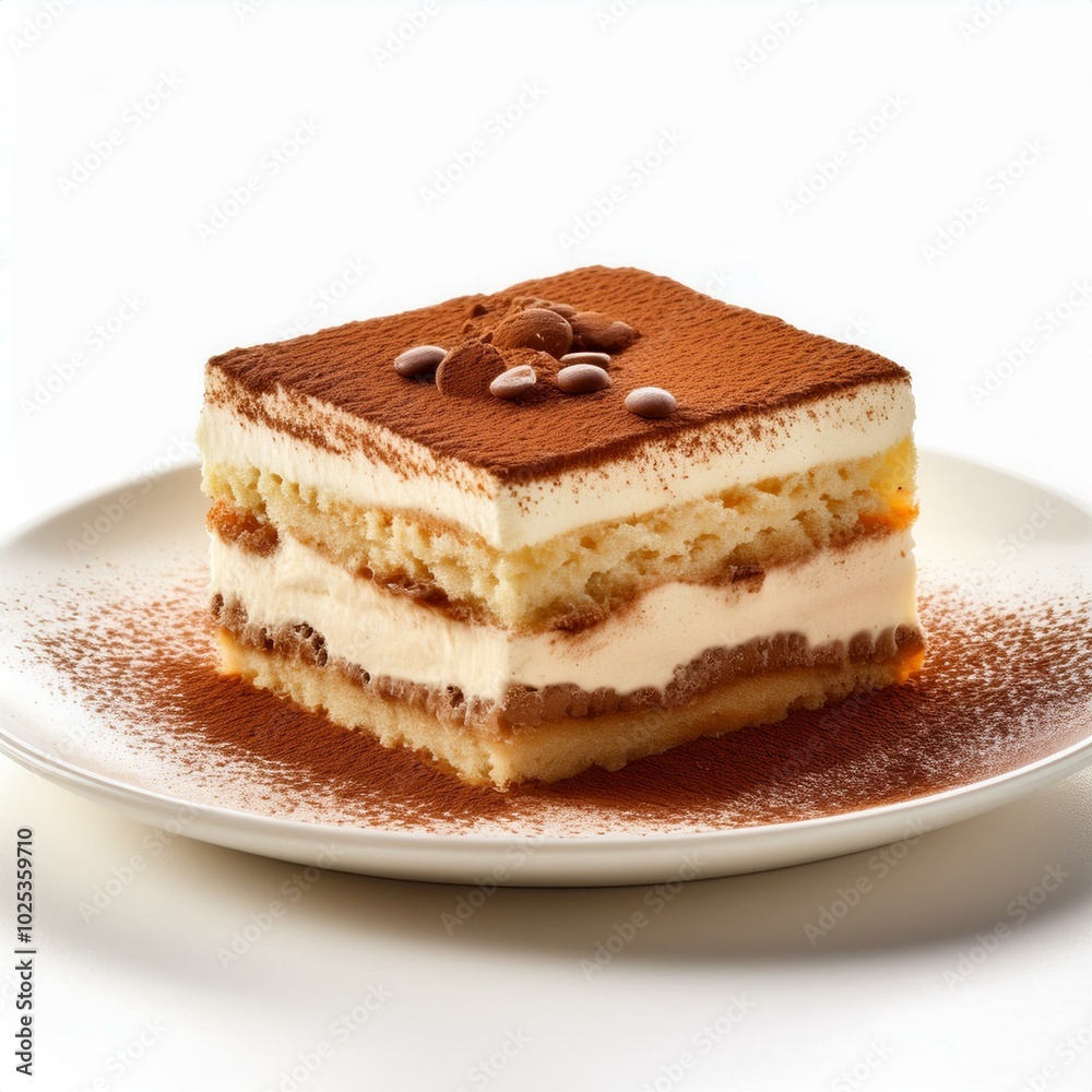 A luscious slice of tiramisu cake, rich with layers of mascarpone and espresso-soaked sponge, elegantly presented on a pristine white background with ample copy space, in high resolution. A luscious slice of tiramisu cake, rich with layers of mascarpone and espresso-soaked sponge, elegantly presented on a pristine white background with ample copy space, in high resolution.