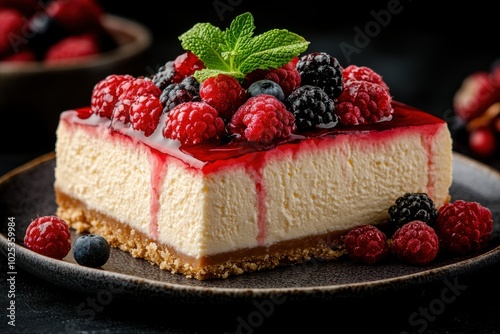 Delicious Berry-Topped Cheesecake with Mint Garnish