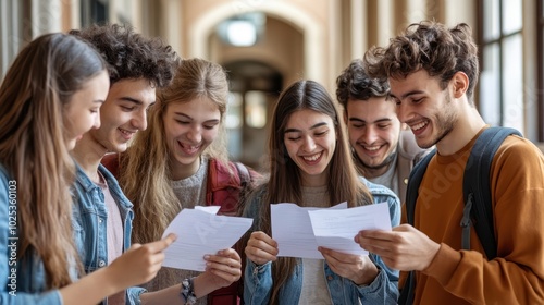 Group of students excitedly looking at exam results