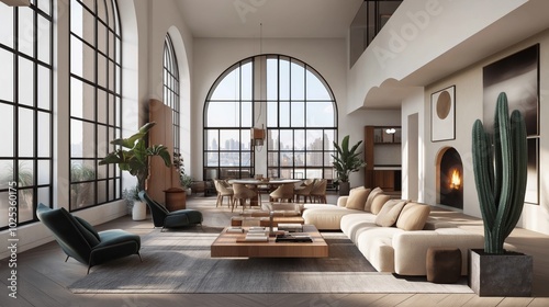 Modern penthouse living room with large arched windows, neutral tones, wood floors, cactus decor, designer furniture, and abundant natural light overlooking a city skyline photo