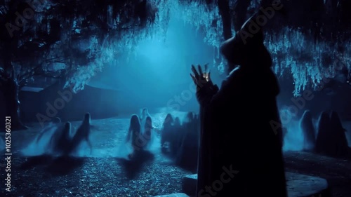 witch in a tattered cloak stands atop a stone altar, her eyes glowing with a cold, icy light. As she chants an ancient incantation, dark shadows begin to form around her, coalescing into the shapes of