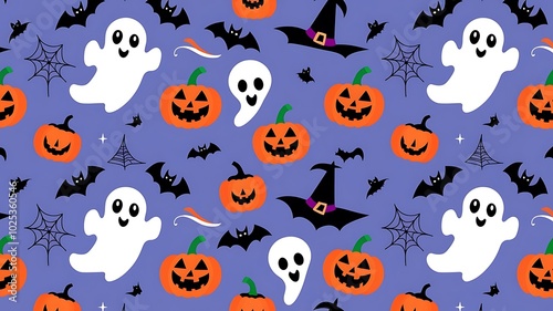 A spooky Halloween pattern with a ghost, bats, pumpkins, and other Halloween-themed elements on a light background created with generative ai