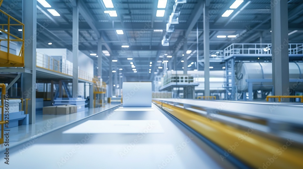 A Roll of Paper on a Conveyor Belt in a Factory Setting A Roll of Paper on a Conveyor Belt in a Factory Setting
