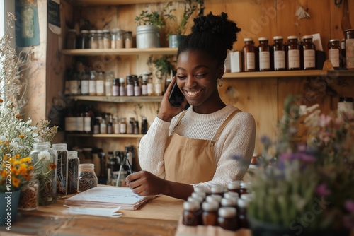 Young woman speaks on phone at herbal shop surrounded by plants and jars