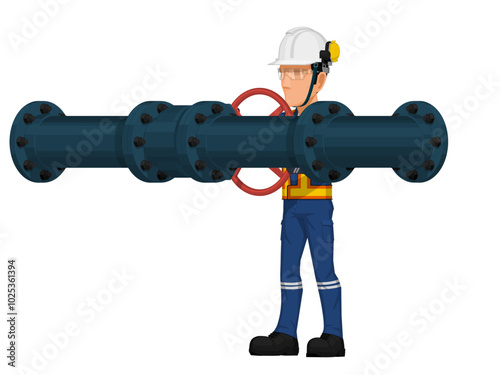 Set of worker is operating  the gate valve on white background