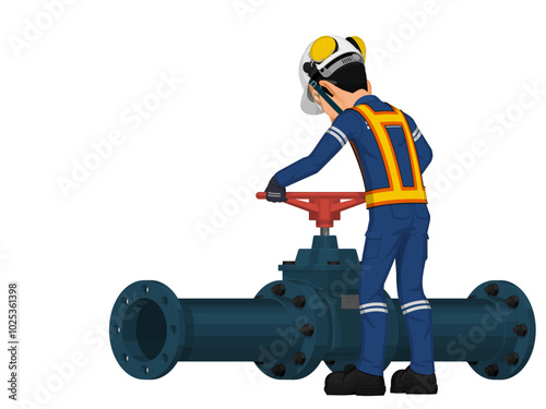 Set of worker is operating  the gate valve on white background