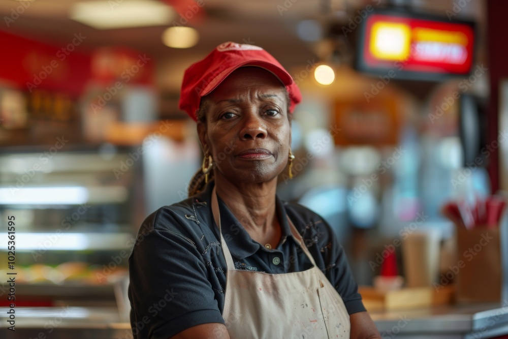 Middle aged adult african american female fast food worker Middle aged adult african american female fast food worker