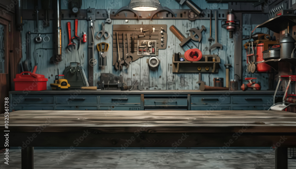 Cluttered workshop with tools and equipment on a table. Scene is busy and chaotic