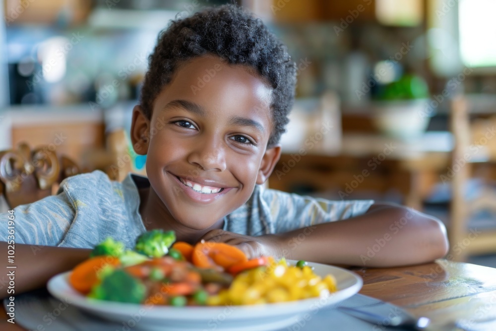 Portrait of a smiling young boy enjoying home cooked healthy meal Portrait of a smiling young boy enjoying home cooked healthy meal
