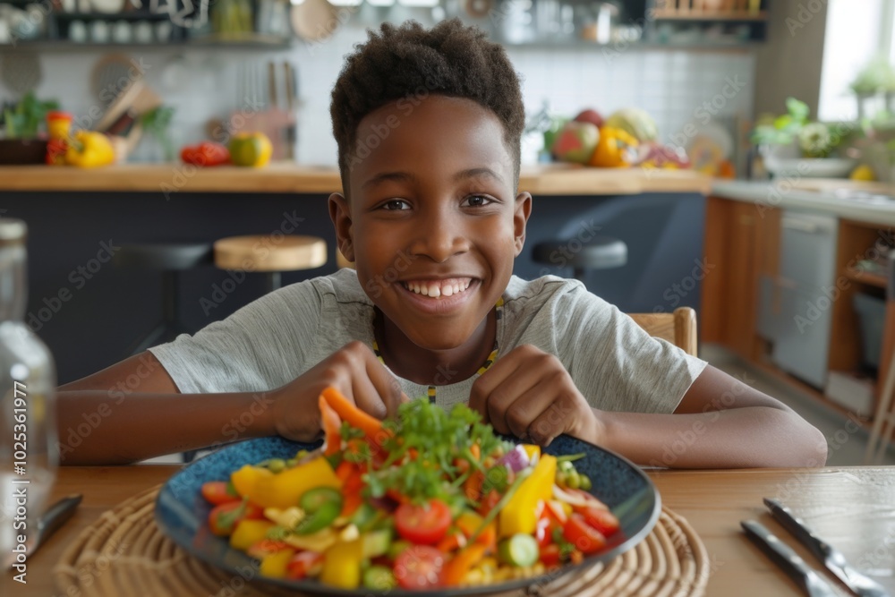 Portrait of a smiling young boy enjoying home cooked healthy meal Portrait of a smiling young boy enjoying home cooked healthy meal