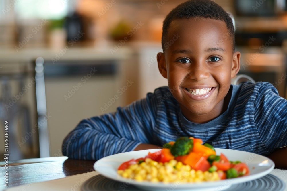 Portrait of a smiling young boy enjoying home cooked healthy meal