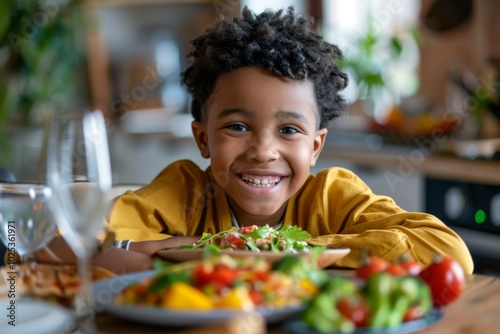 Portrait of a smiling young boy enjoying home cooked healthy meal