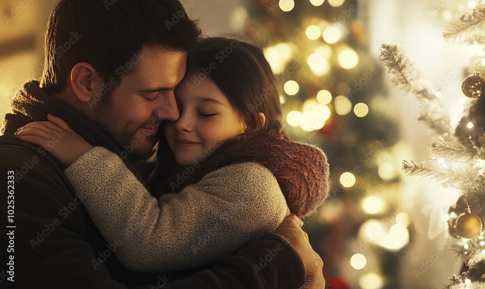 Parents and children sharing a warm hug in front of the Christmas tree, their love for each other evident in their smiles Parents and children sharing a warm hug in front of the Christmas tree, their love for each other evident in their smiles