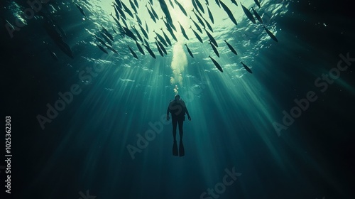 A scuba diver swims through a school of fish in the ocean, sunlight shining through the water.