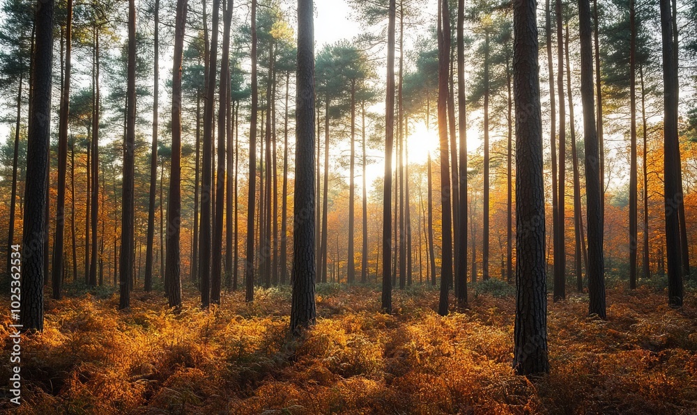 Photo of tall pine trees in a forest with sunlight filtering through, highlighting the autumn colors of orange and brown, providing a serene and peaceful atmosphere Photo of tall pine trees in a forest with sunlight filtering through, highlighting the autumn colors of orange and brown, providing a serene and peaceful atmosphere