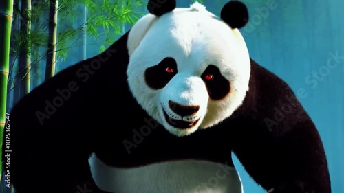 forest of bamboo, a peaceful panda lazily munches on bamboo shoots, its adorable form and slow movements creating a sense of calm.Suddenly, the panda's eyes flash, and its body starts to grow. growing