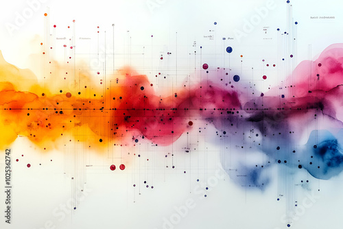 A colorful painting with a rainbow and a lot of dots. The painting is abstract and has a lot of different colors